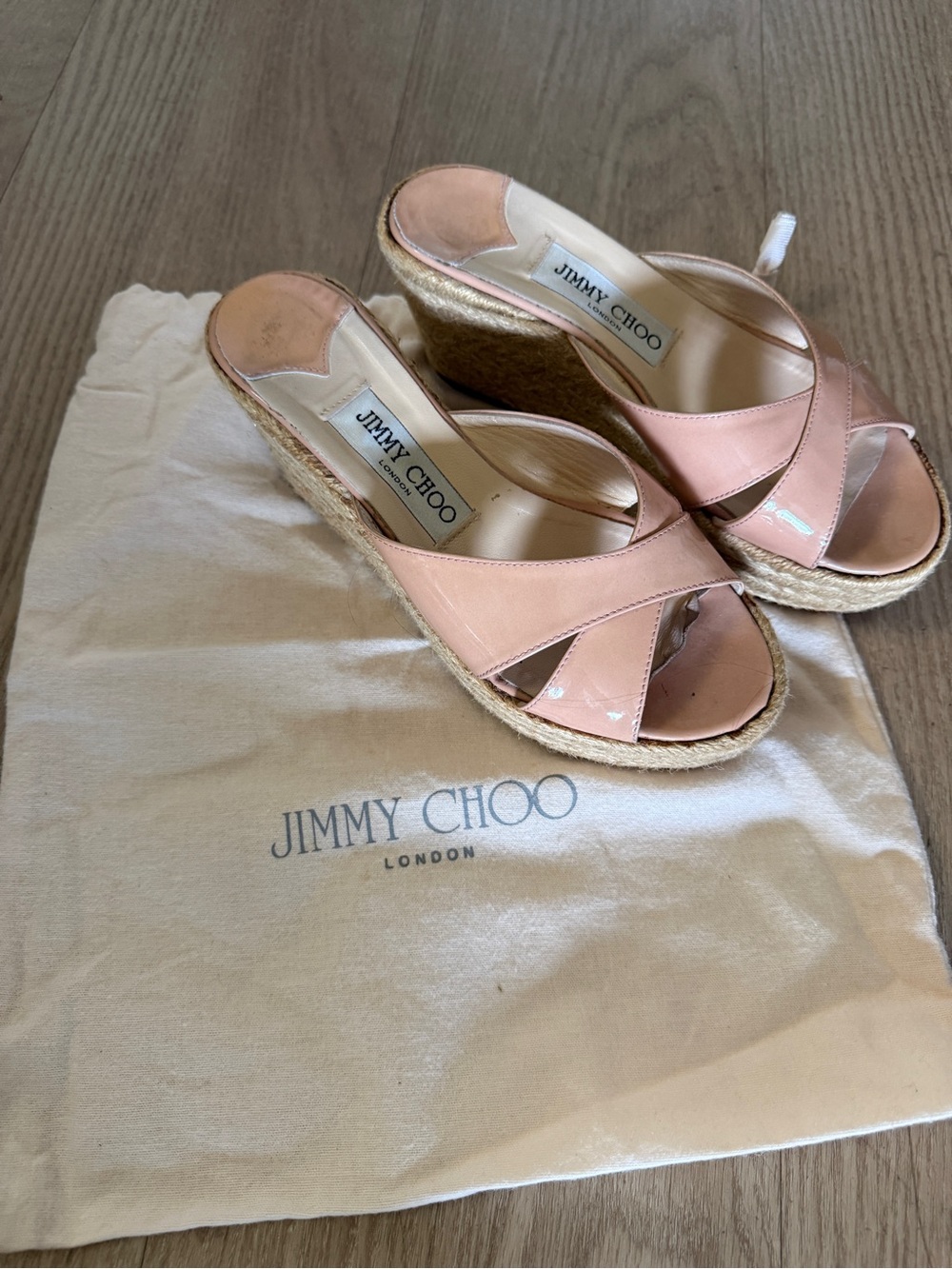 Jimmy Choo Espadrille Wedge Sandals Blush Pink Patent Leather Slides Size 35